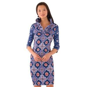 Gretchen Scott Jersey Ruffneck Blue Sundial Geometric Dress with Ruffle Collar